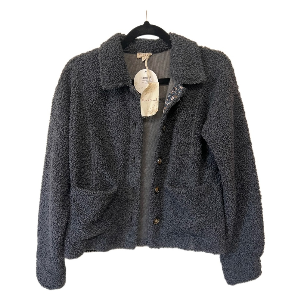 Hem & Thread Charcoal Fuzzy Cropped Jacket Size SM NWT